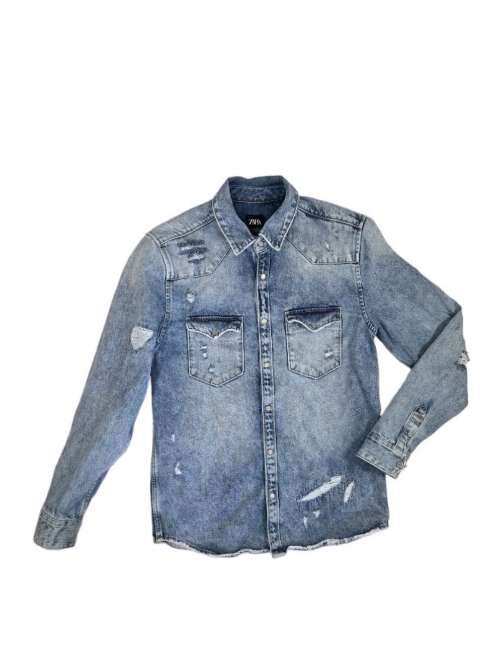 Zara Relaxed Fit Denim Button Up Shirt Mens Size M Distressed Streetwear Western